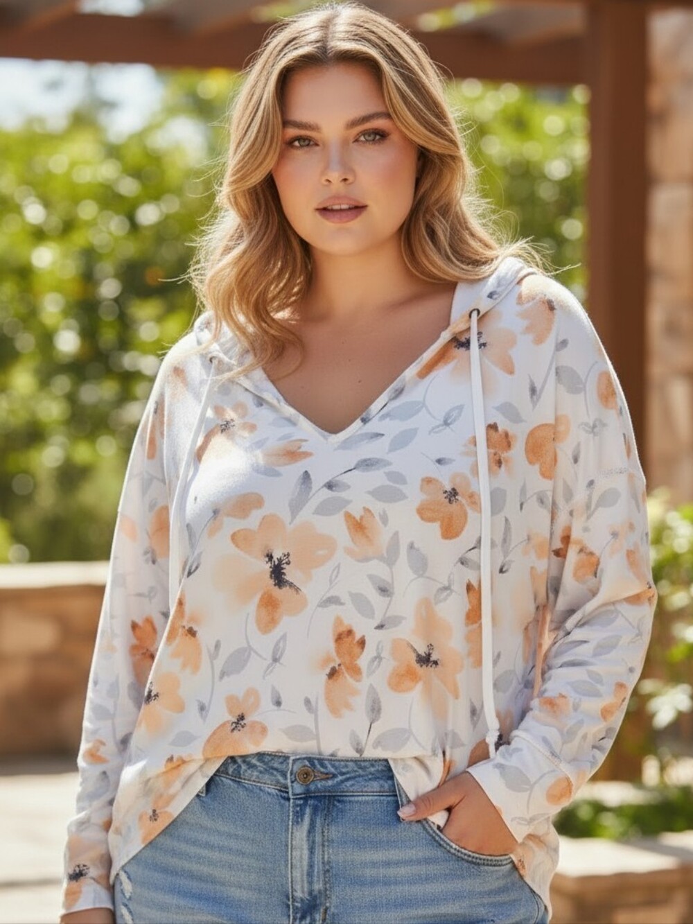 Floral V-Neck Hoodie Top - Orange Floral